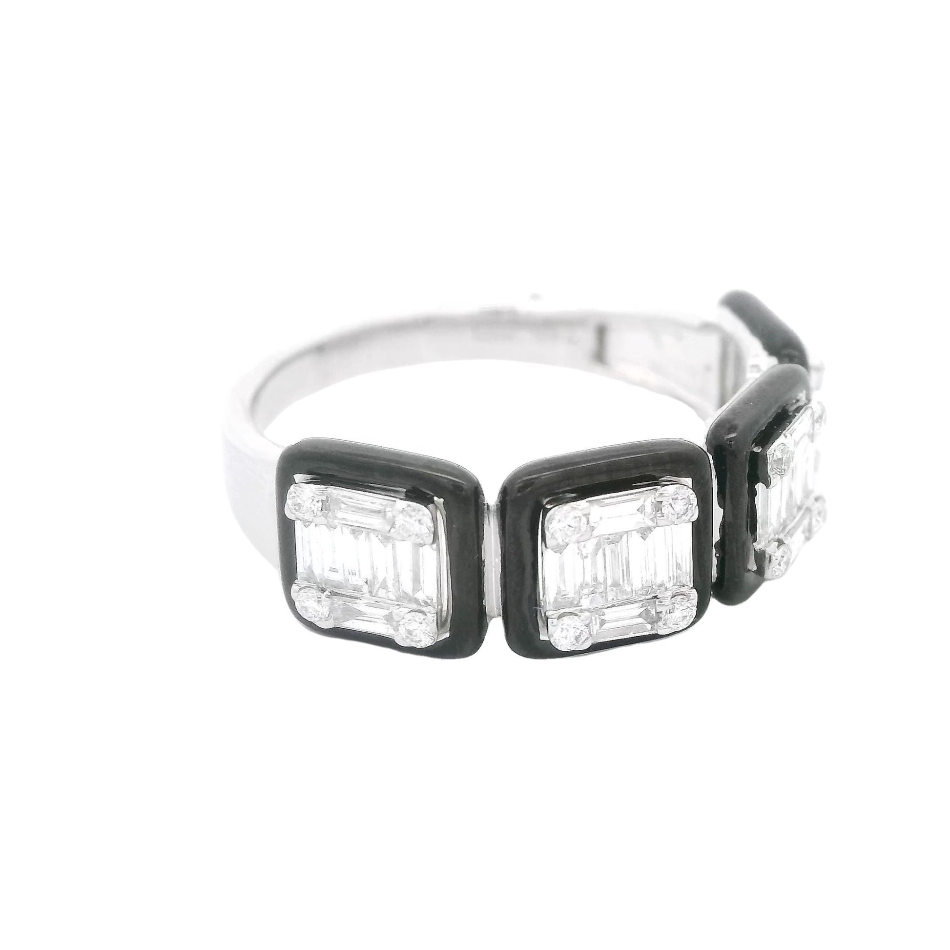 Baguette & Round Diamond Ring With Black Enamel - Forever Rox