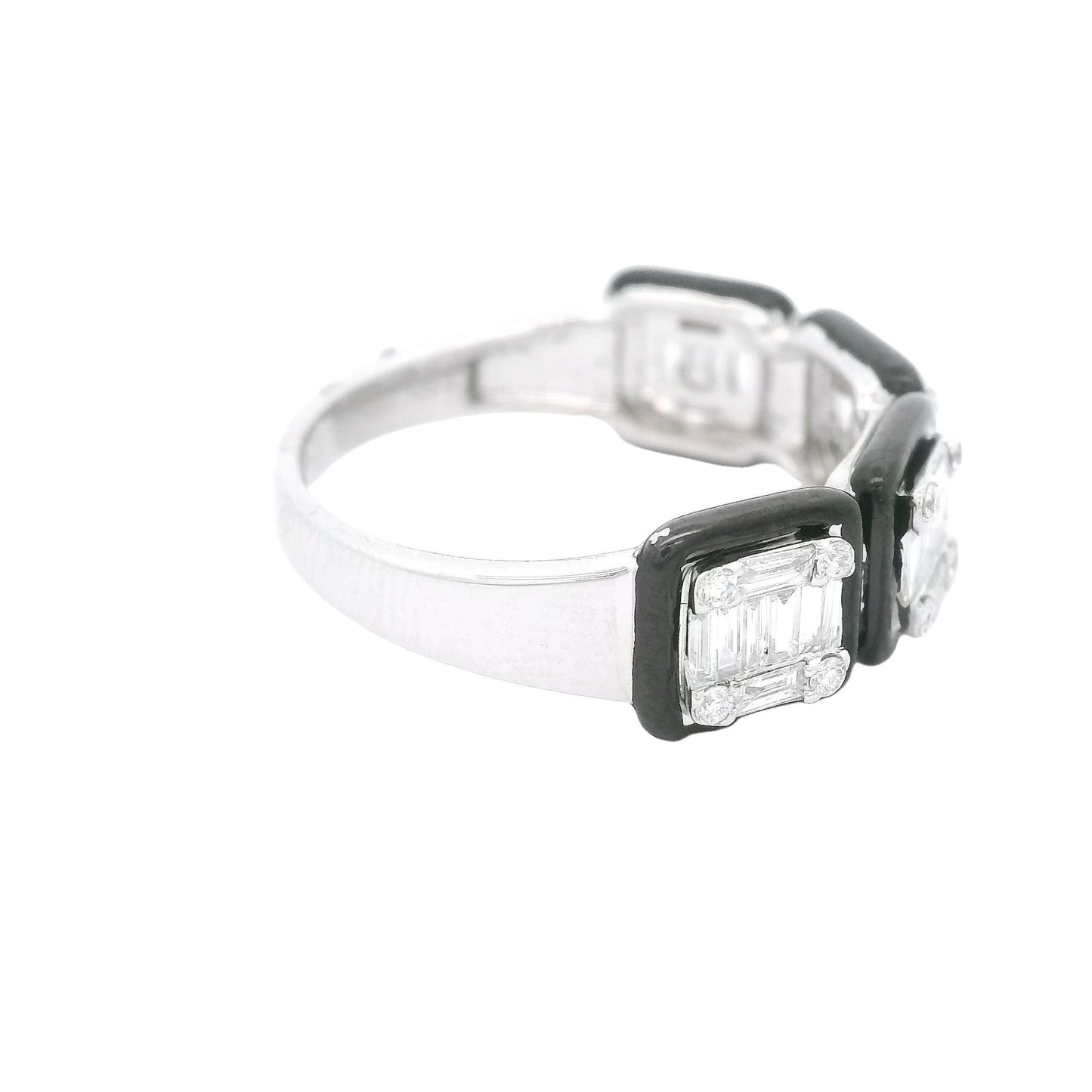 Baguette & Round Diamond Ring With Black Enamel - Forever Rox