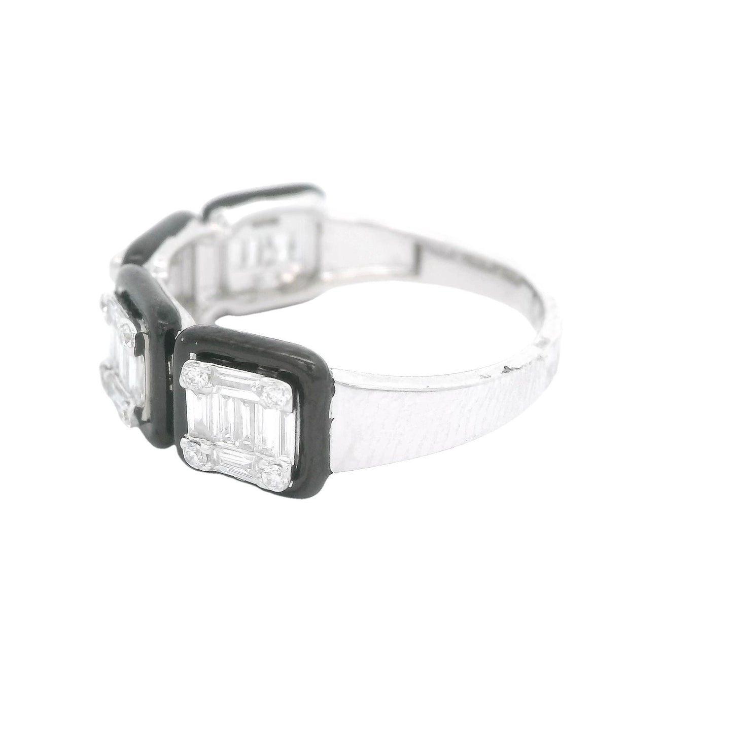 Baguette & Round Diamond Ring With Black Enamel - Forever Rox
