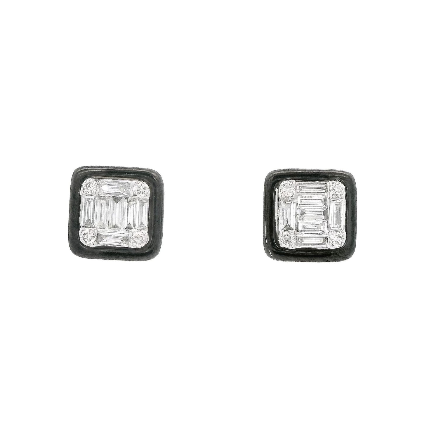Baguette & Round Diamond Studs With Black Enamel - Forever Rox