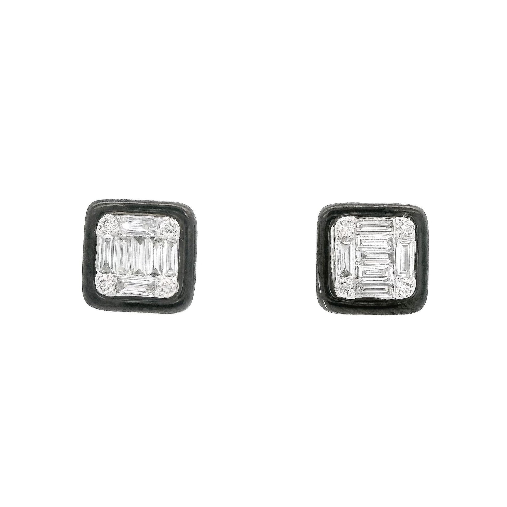Baguette & Round Diamond Studs With Black Enamel - Forever Rox