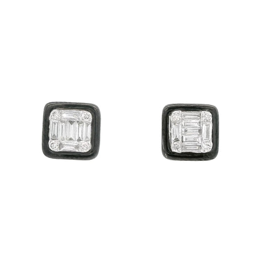Baguette & Round Diamond Studs With Black Enamel - Forever Rox