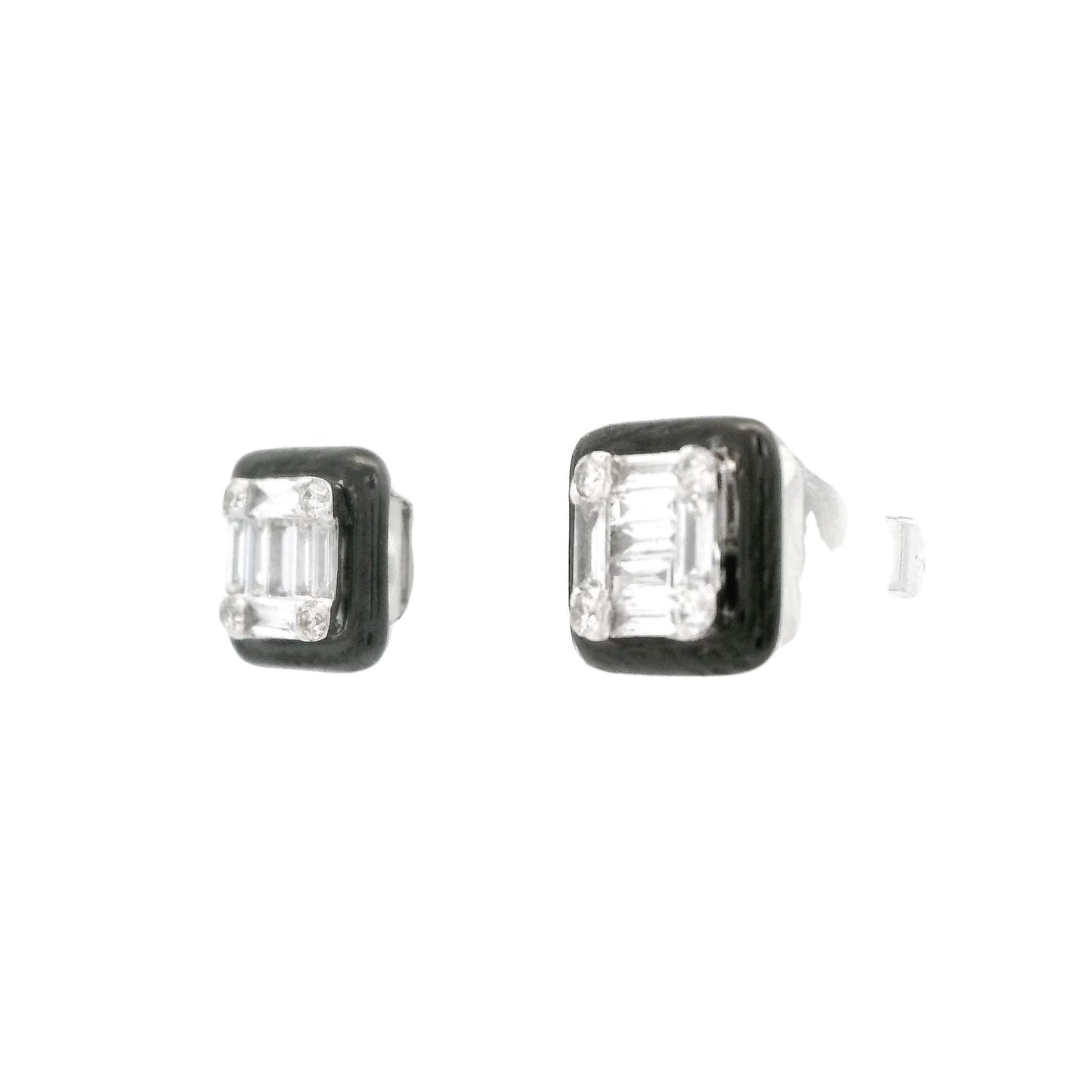 Baguette & Round Diamond Studs With Black Enamel - Forever Rox