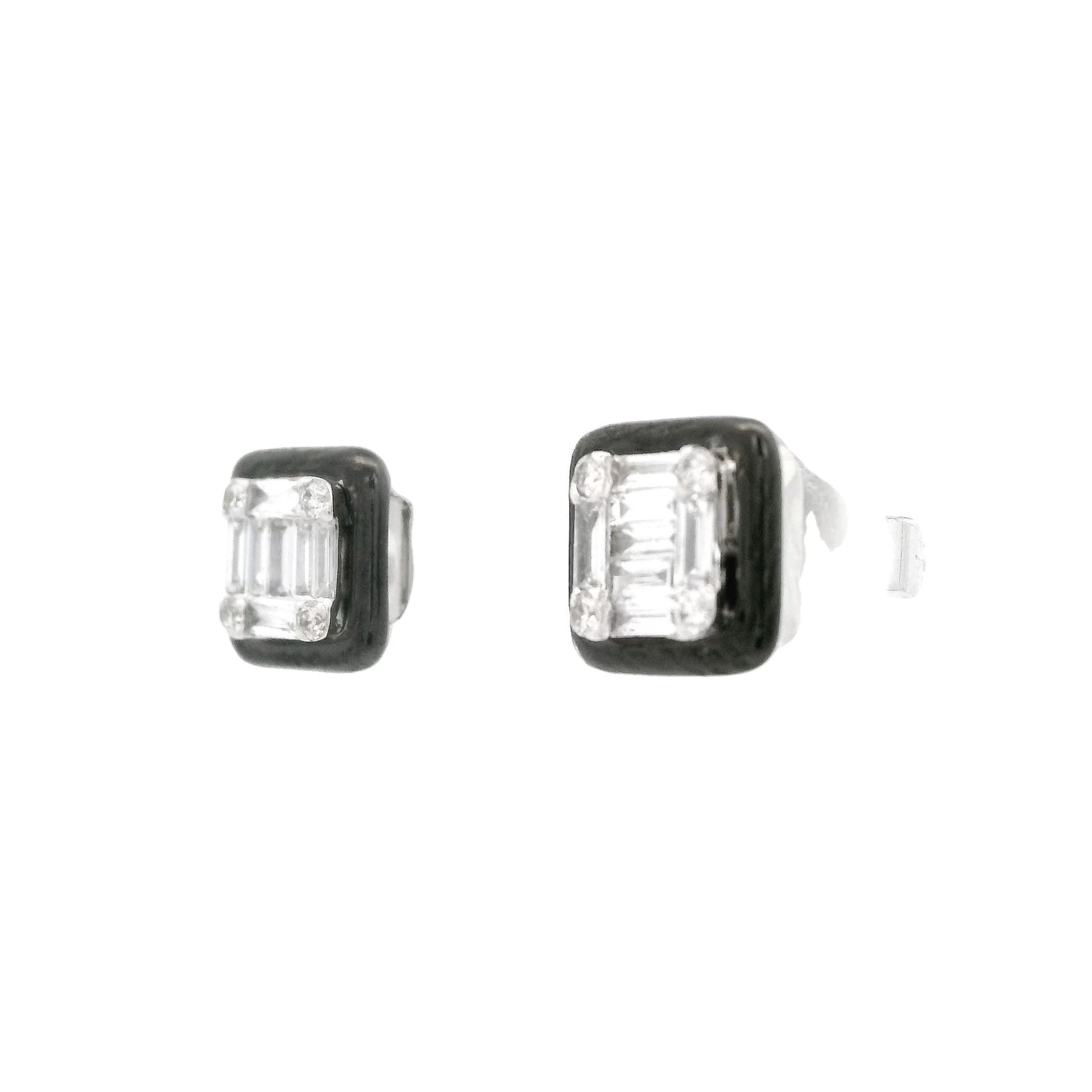Baguette & Round Diamond Studs With Black Enamel - Forever Rox