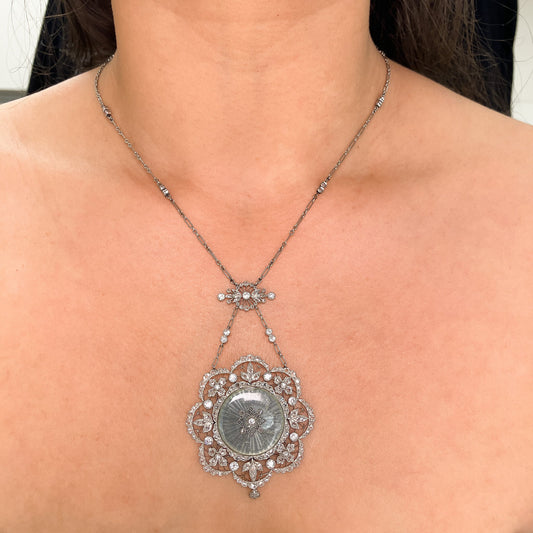 Belle Epoque Guilloche Enamel & Diamond Watch Pendant & Chain, Platinum - Forever Rox Fine Jewelry