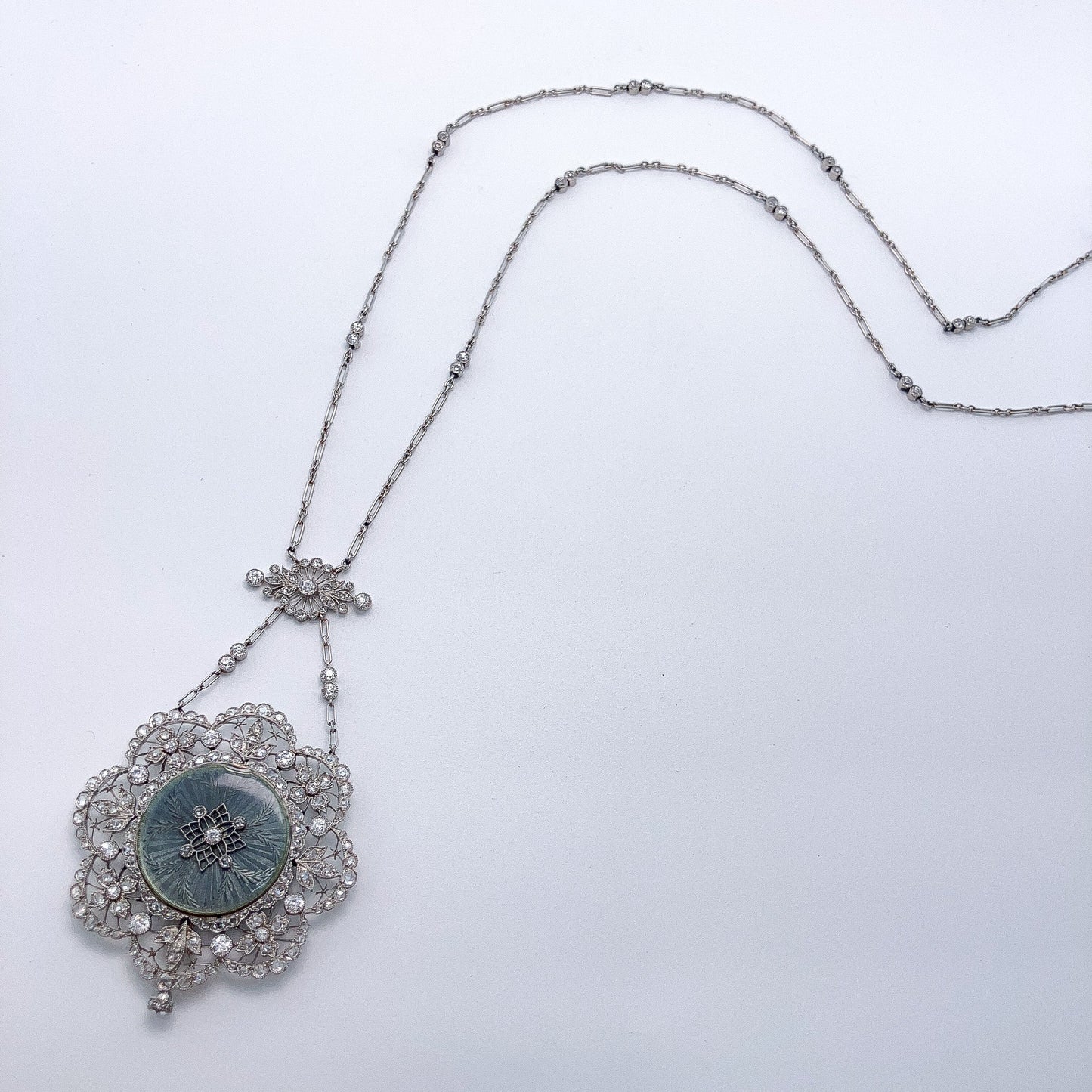 Belle Epoque Guilloche Enamel & Diamond Watch Pendant & Chain, Platinum - Forever Rox Fine Jewelry