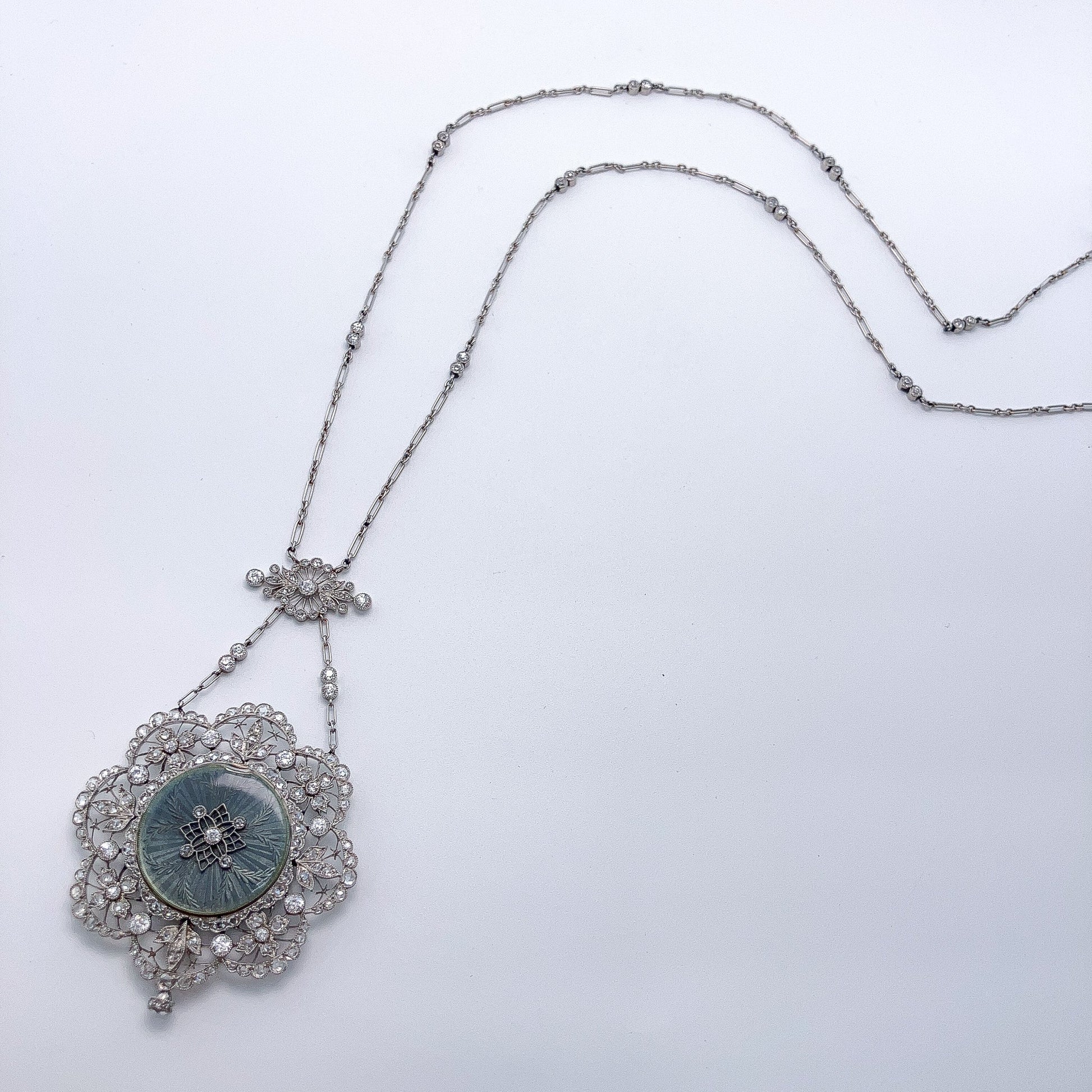 Belle Epoque Guilloche Enamel & Diamond Watch Pendant & Chain, Platinum - Forever Rox Fine Jewelry