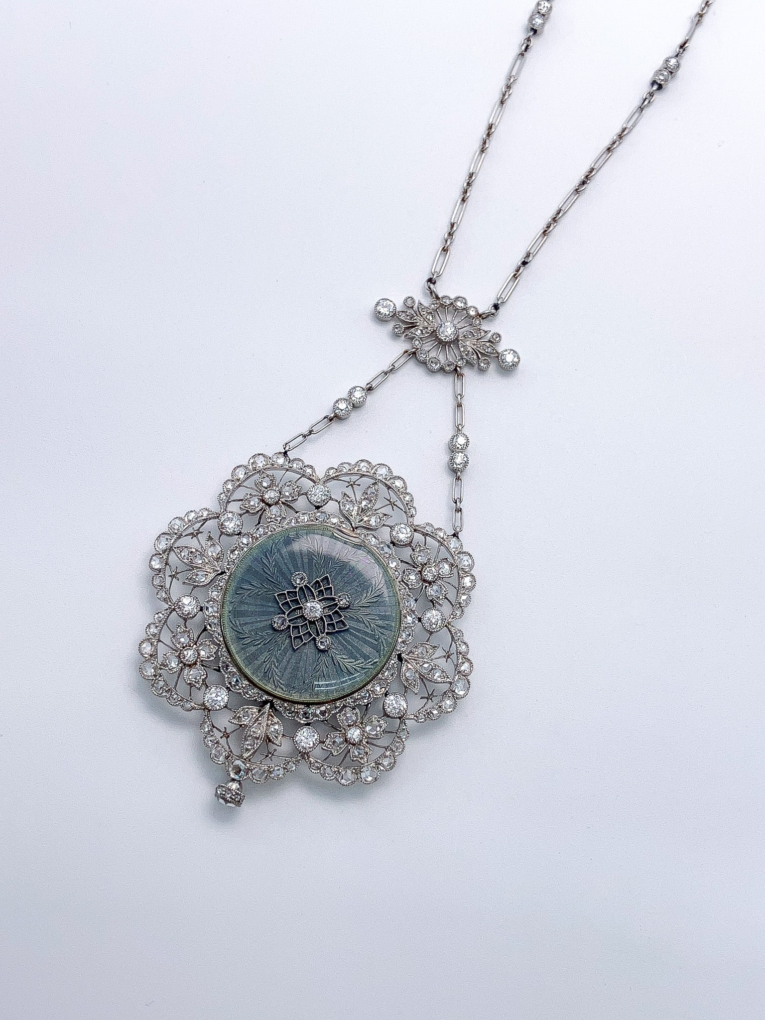 Belle Epoque Guilloche Enamel & Diamond Watch Pendant & Chain, Platinum - Forever Rox Fine Jewelry