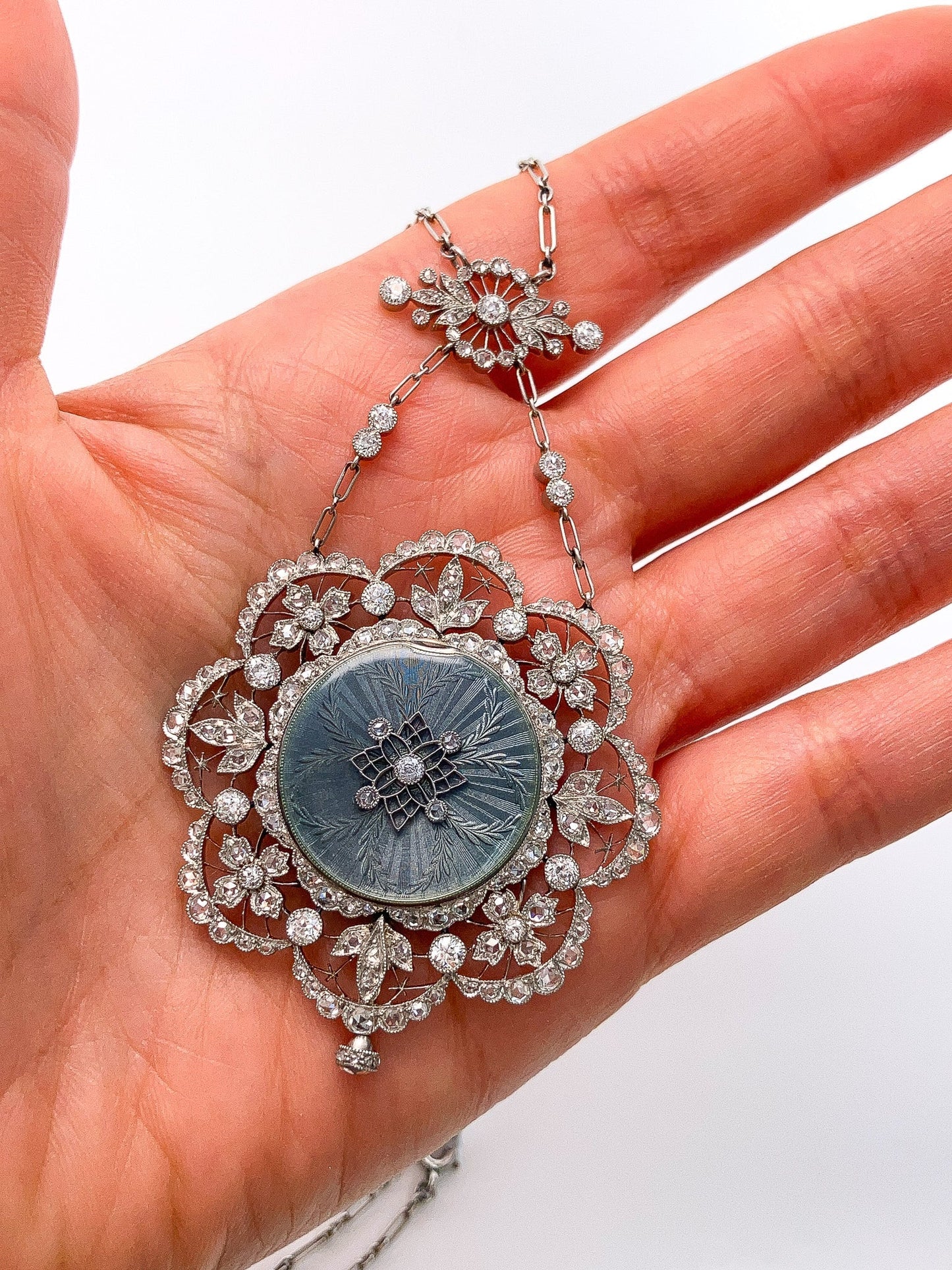 Belle Epoque Guilloche Enamel & Diamond Watch Pendant & Chain, Platinum - Forever Rox Fine Jewelry