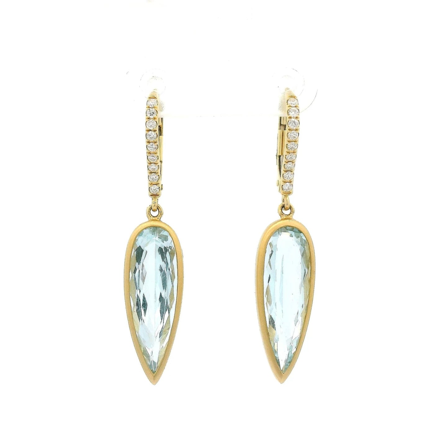 Bezel Set Elongated Pear Shape Aquamarine Dangles with Diamond Hooks - Forever Rox Fine Jewelry