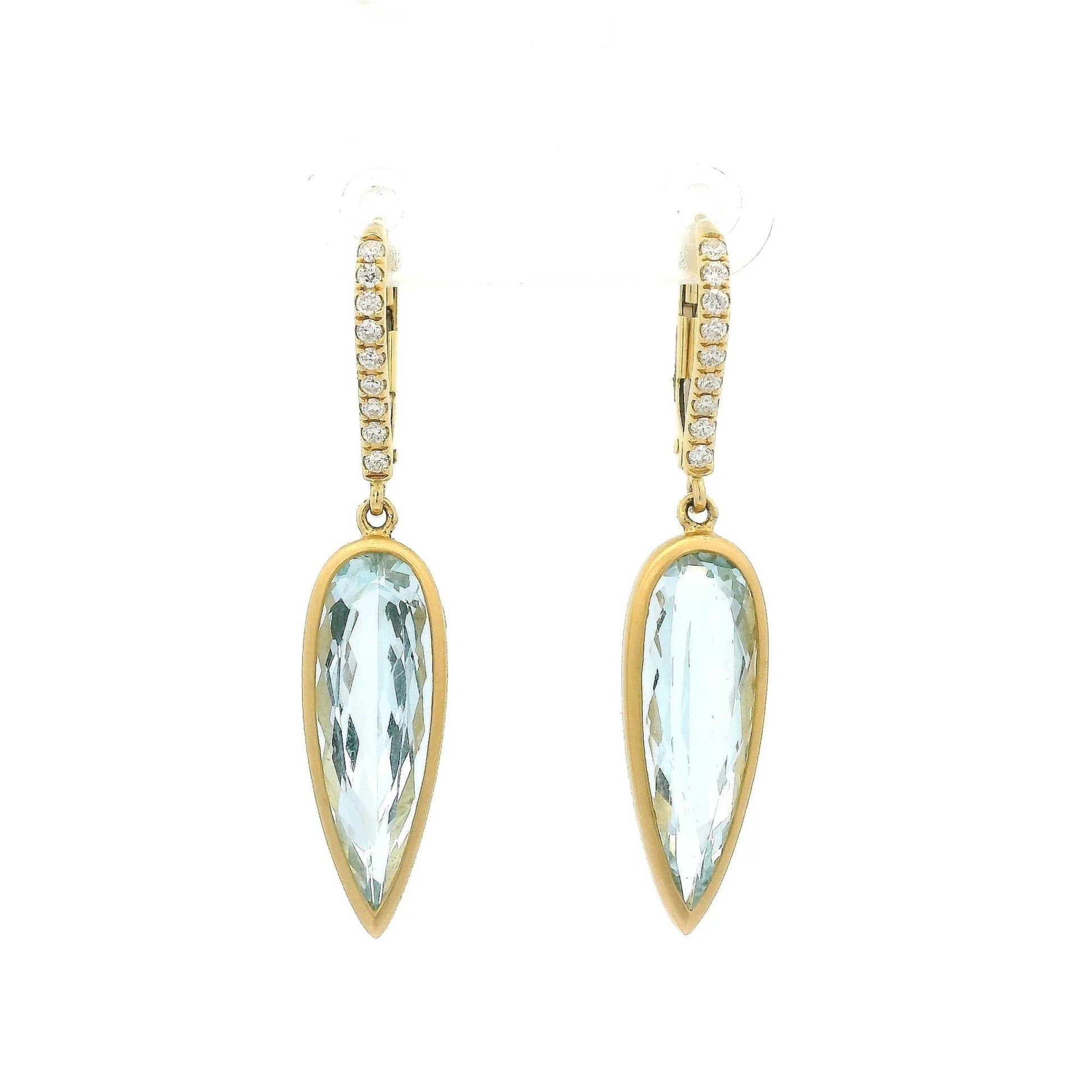 Bezel Set Elongated Pear Shape Aquamarine Dangles with Diamond Hooks - Forever Rox Fine Jewelry