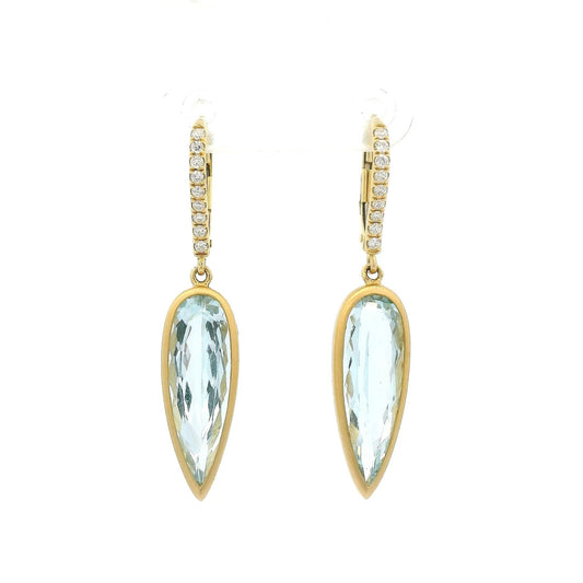 Bezel Set Elongated Pear Shape Aquamarine Dangles with Diamond Hooks - Forever Rox Fine Jewelry