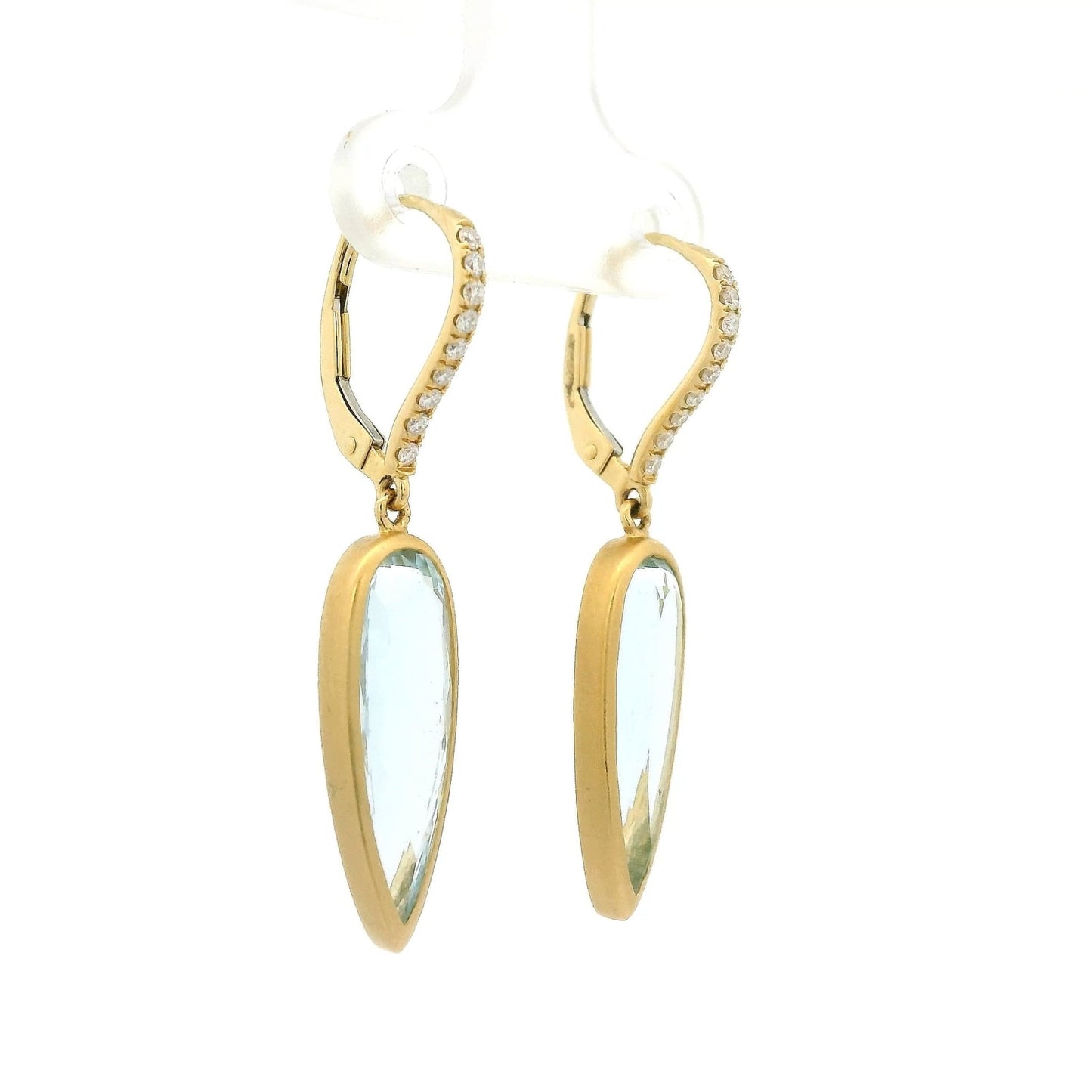 Bezel Set Elongated Pear Shape Aquamarine Dangles with Diamond Hooks - Forever Rox Fine Jewelry