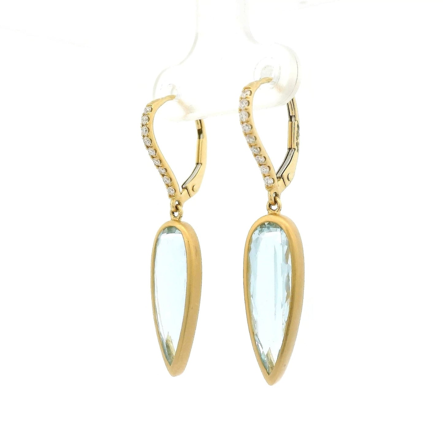 Bezel Set Elongated Pear Shape Aquamarine Dangles with Diamond Hooks - Forever Rox Fine Jewelry