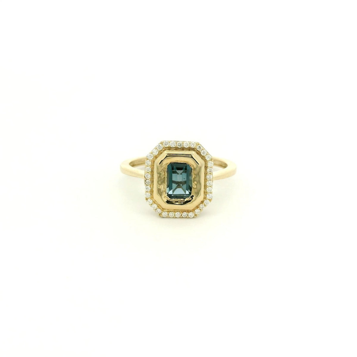 Bezel Set Emerald Cut London Blue Topaz & Diamond Octagon Shape Ring - Forever Rox Fine Jewelry