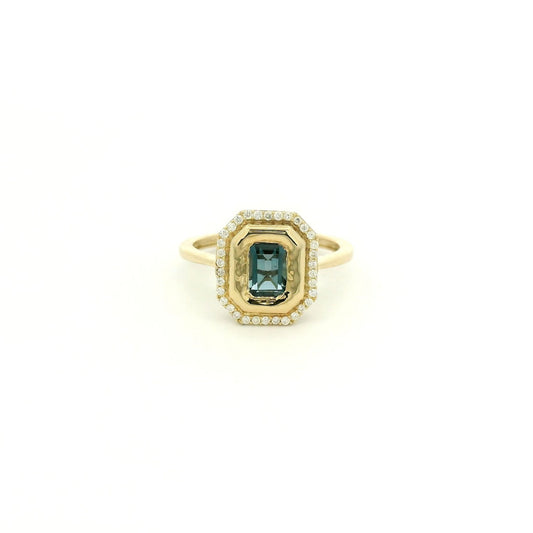 Bezel Set Emerald Cut London Blue Topaz & Diamond Octagon Shape Ring - Forever Rox Fine Jewelry