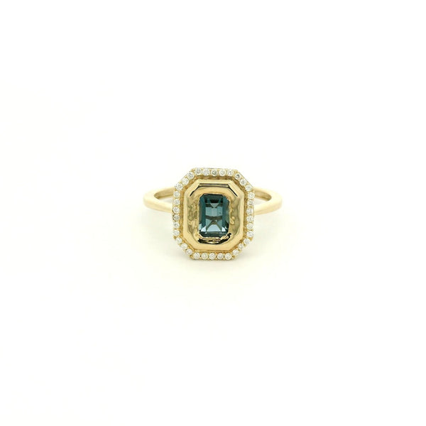 Bezel Set Emerald Cut London Blue Topaz & Diamond Octagon Shape Ring - Forever Rox Fine Jewelry