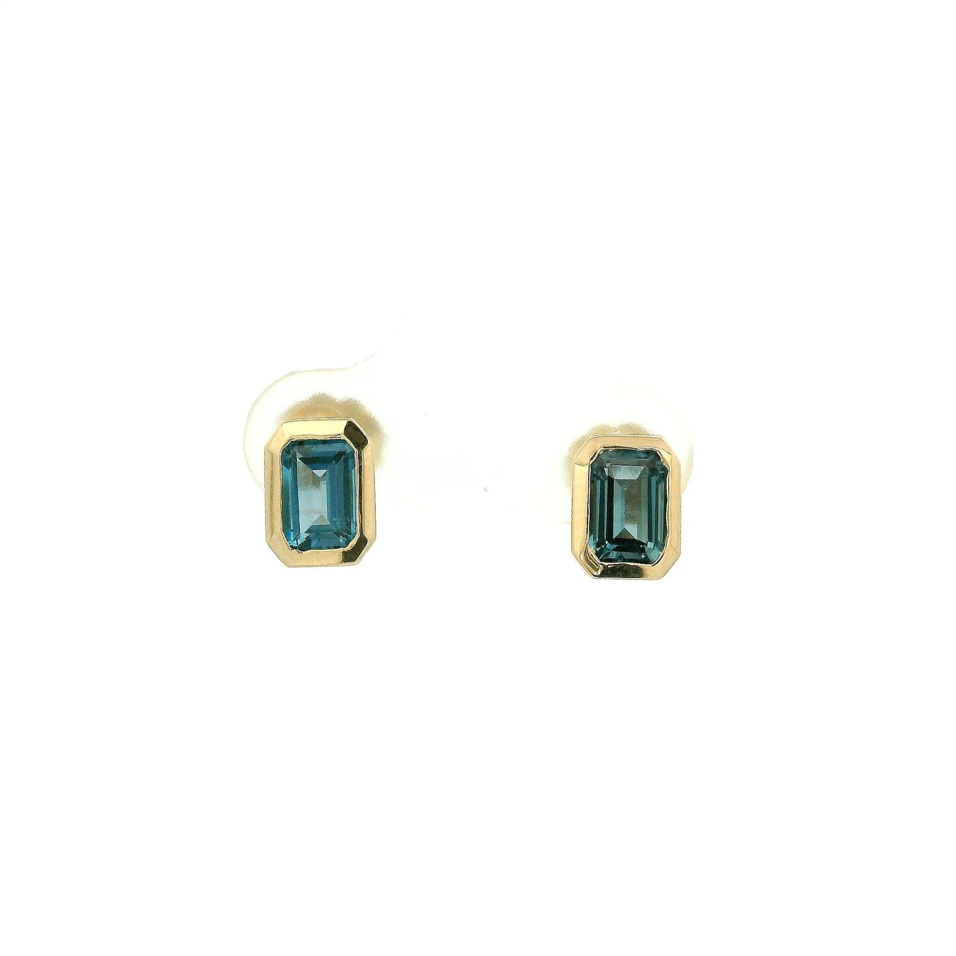 Bezel Set Emerald Cut London Blue Topaz Studs - Forever Rox Fine Jewelry