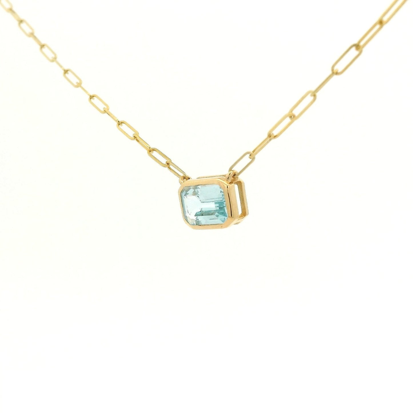 Bezel Set Emerald Cut Swiss Blue Topoaz Pendant With Paper Clip Chian - Forever Rox Fine Jewelry