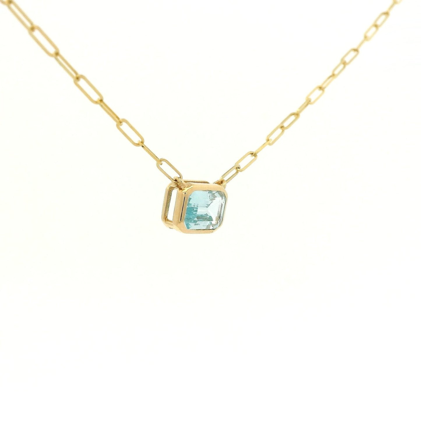 Bezel Set Emerald Cut Swiss Blue Topoaz Pendant With Paper Clip Chian - Forever Rox Fine Jewelry