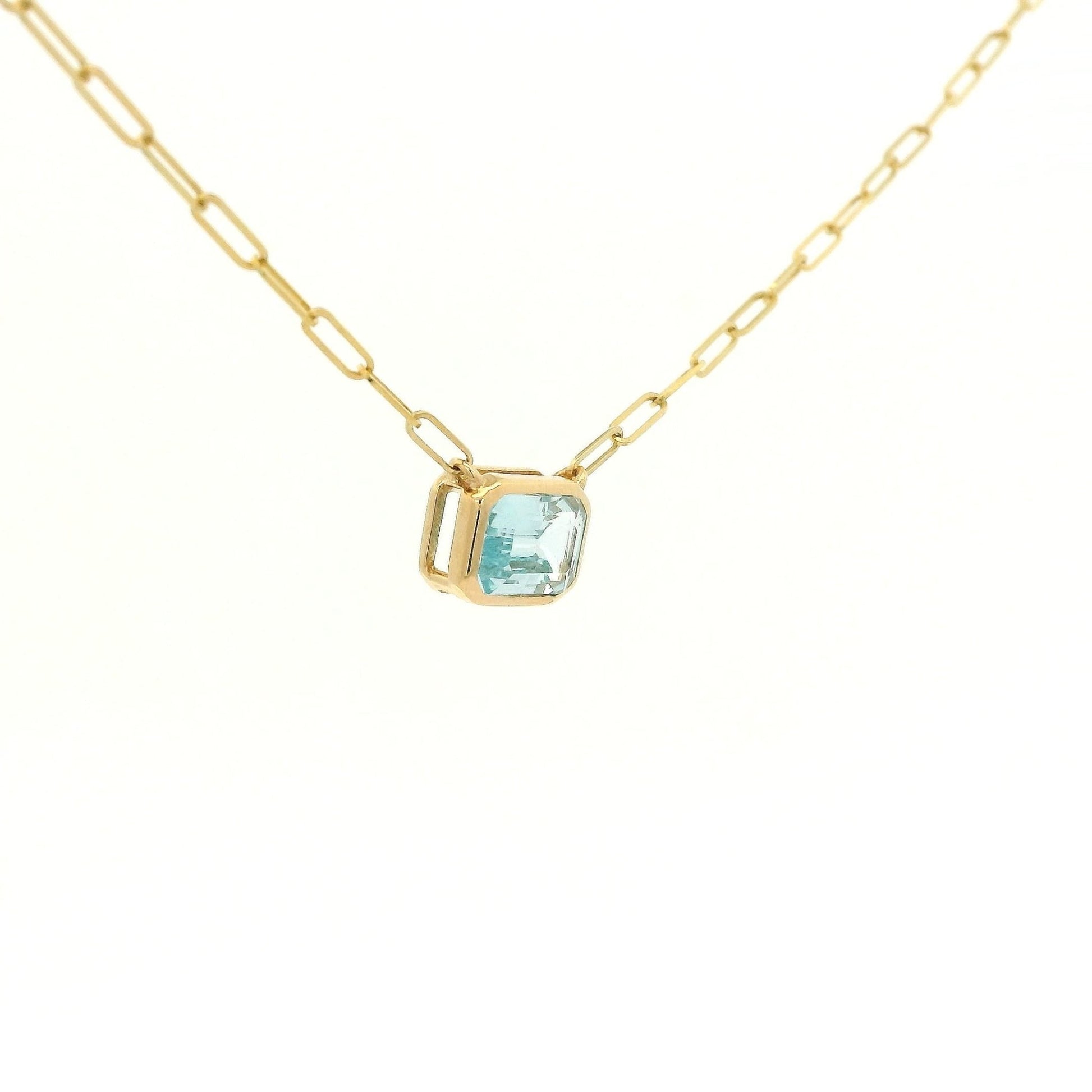 Bezel Set Emerald Cut Swiss Blue Topoaz Pendant With Paper Clip Chian - Forever Rox Fine Jewelry