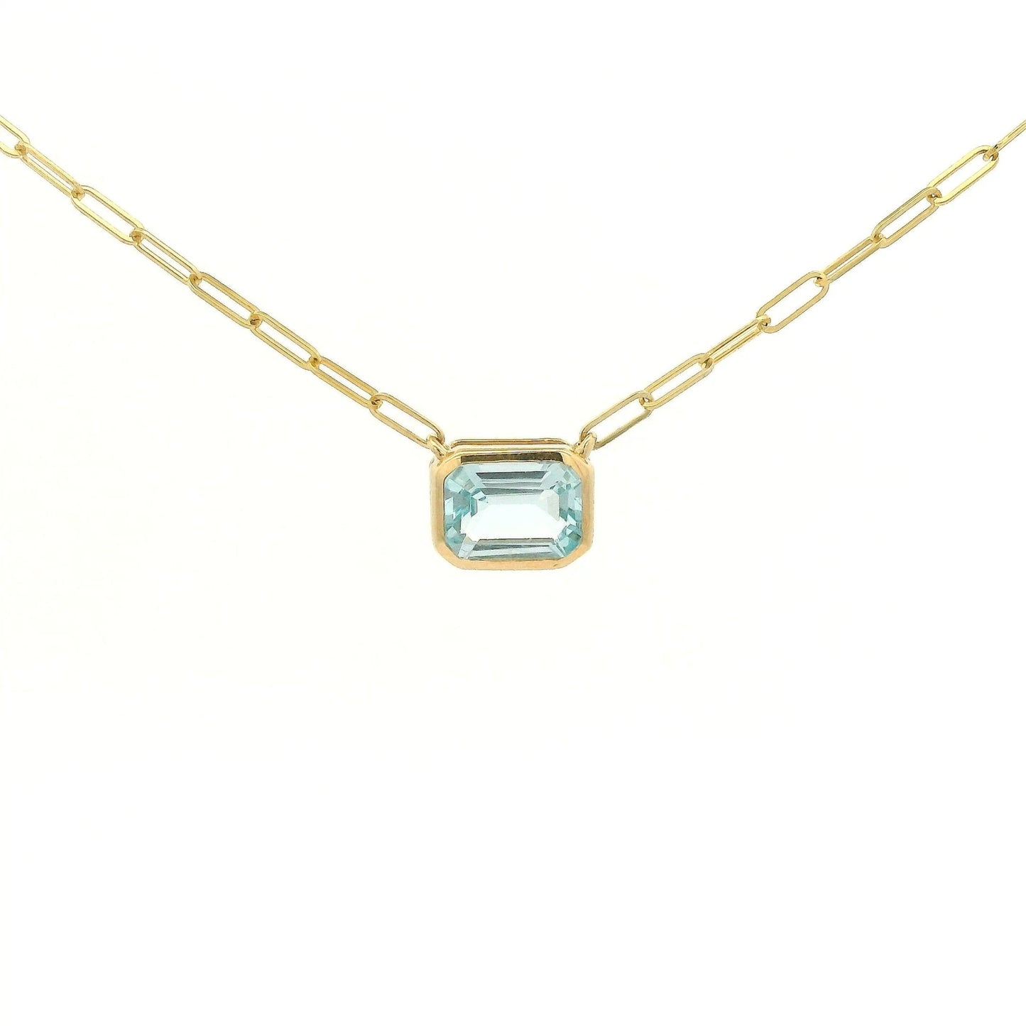 Bezel Set Emerald Cut Swiss Blue Topoaz Pendant With Paper Clip Chian - Forever Rox Fine Jewelry