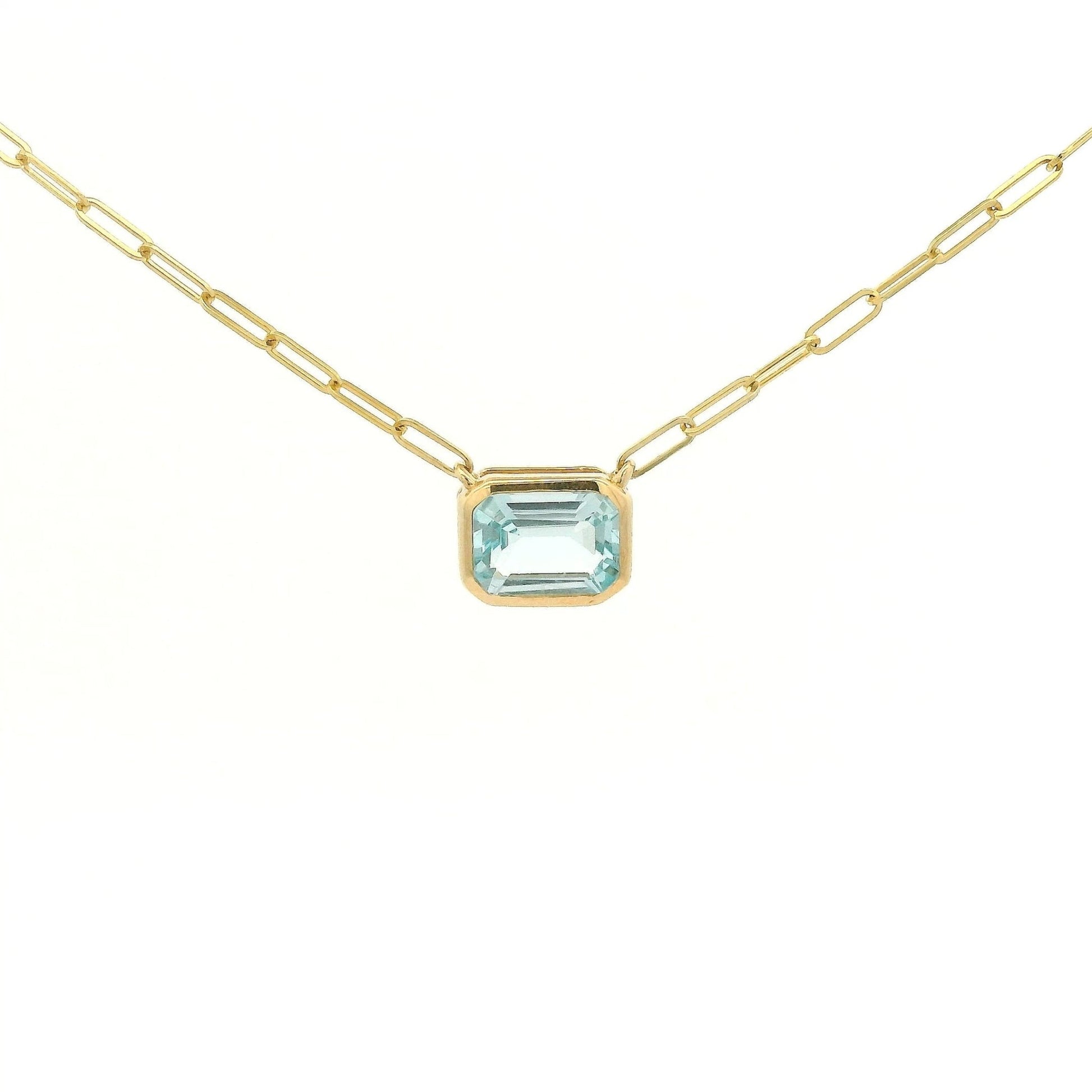 Bezel Set Emerald Cut Swiss Blue Topoaz Pendant With Paper Clip Chian - Forever Rox Fine Jewelry