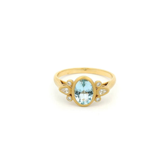 Bezel Set Oval Cut Aquamarine Ring with Round & Marquise Cut Diamonds - Forever Rox Fine Jewelry