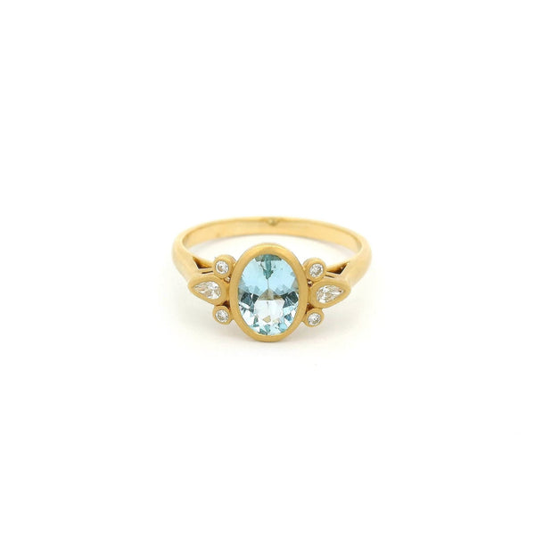 Bezel Set Oval Cut Aquamarine Ring with Round & Marquise Cut Diamonds - Forever Rox Fine Jewelry
