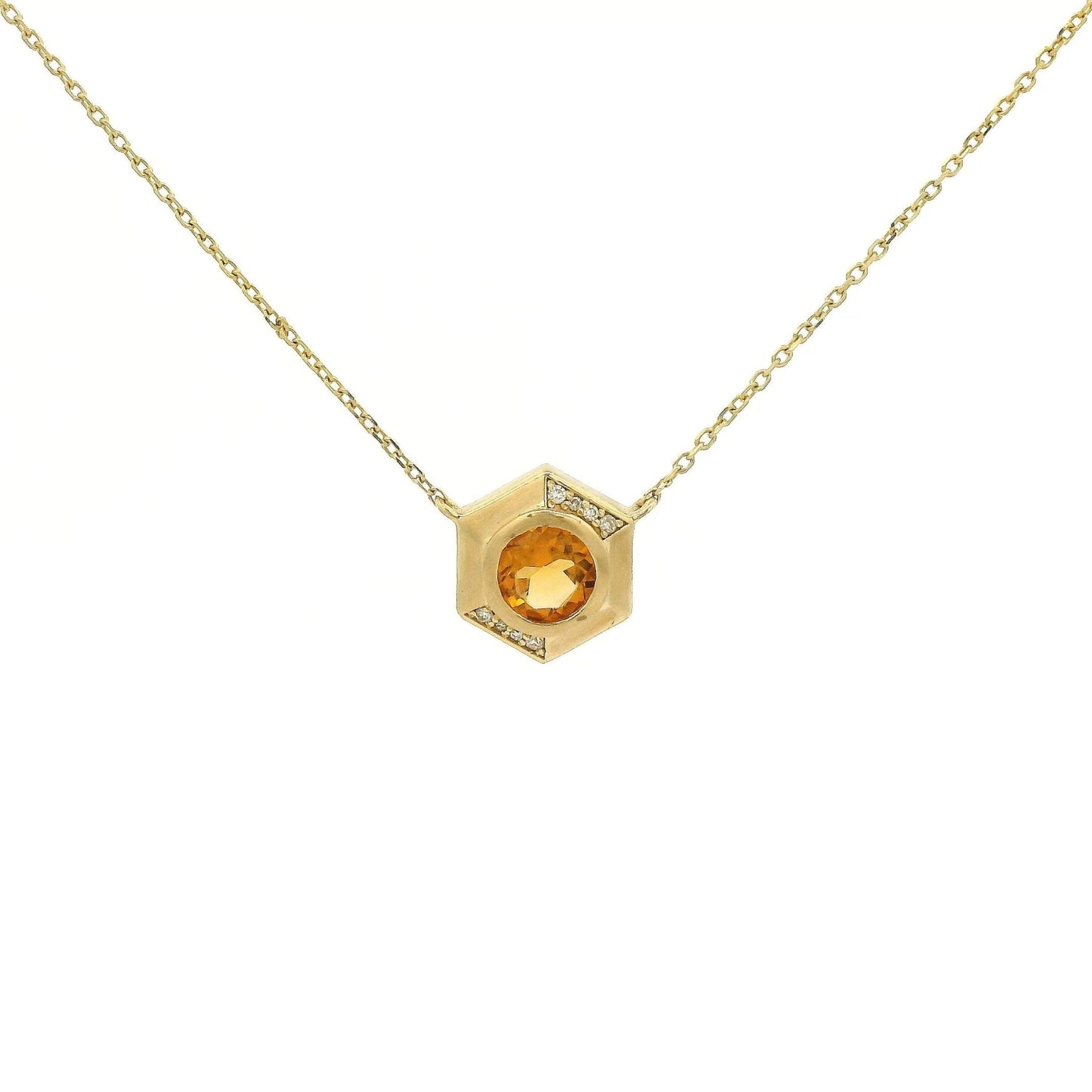 Bezel Set Round Cut Citrine & Diamond Hexagon Pendant - Forever Rox Fine Jewelry