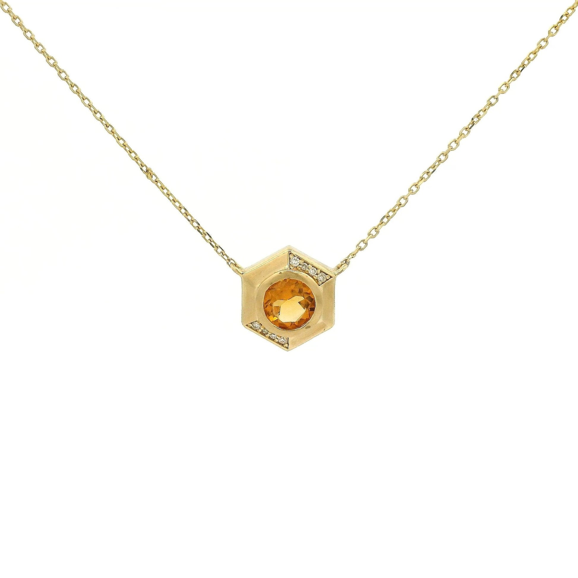 Bezel Set Round Cut Citrine & Diamond Hexagon Pendant - Forever Rox Fine Jewelry