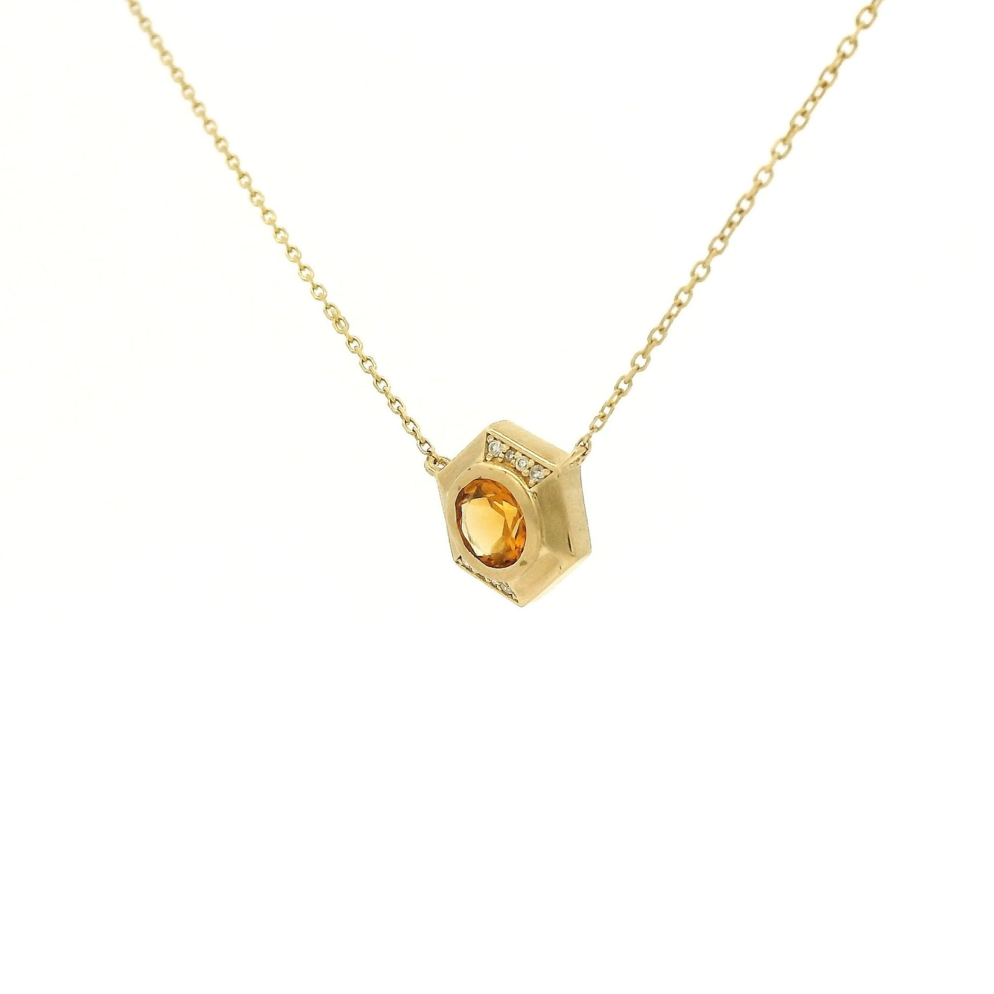 Bezel Set Round Cut Citrine & Diamond Hexagon Pendant - Forever Rox Fine Jewelry