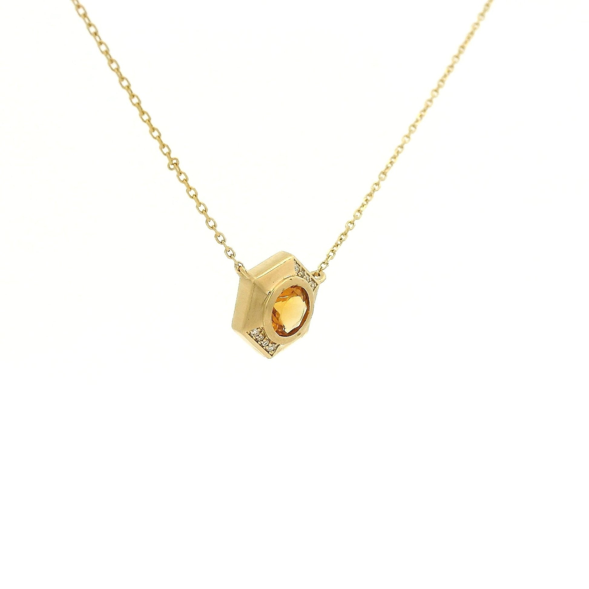 Bezel Set Round Cut Citrine & Diamond Hexagon Pendant - Forever Rox Fine Jewelry