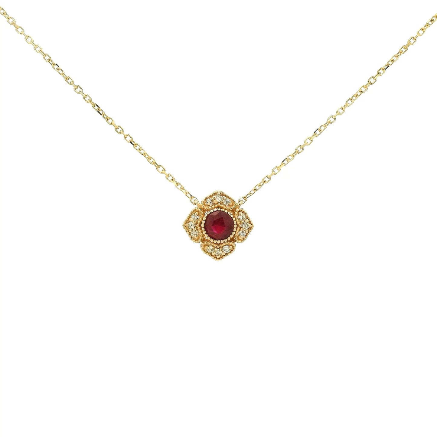 Bezel Set Ruby Milgrain Flower Pendat With Diamonds - Forever Rox Fine Jewelry