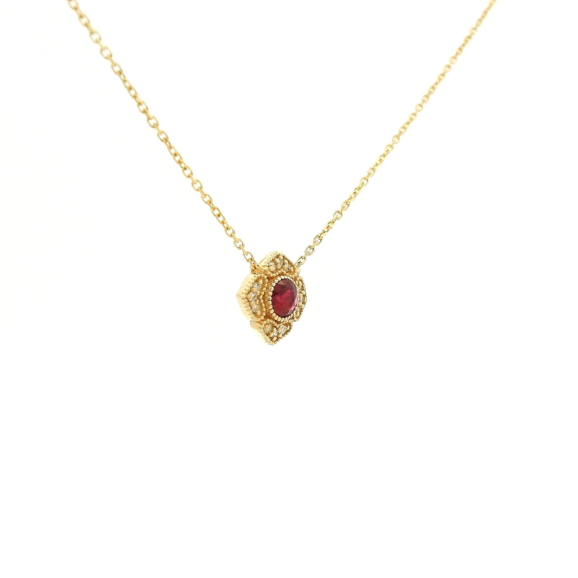 Bezel Set Ruby Milgrain Flower Pendat With Diamonds - Forever Rox Fine Jewelry