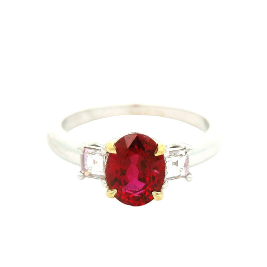 Burma Ruby & Square Emerald Cut Diamond Ring - Forever Rox