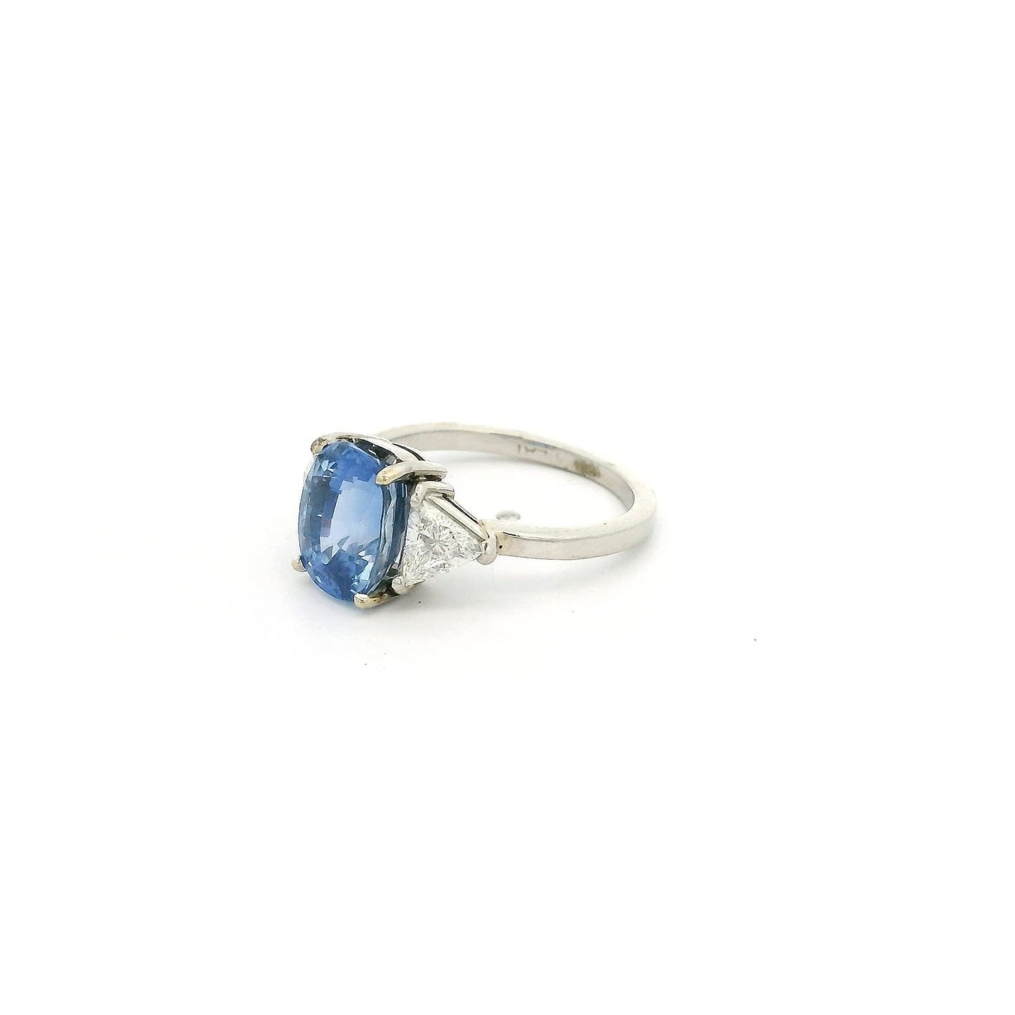 Certified Non Heat Treated Oval Ceylon Sapphire Ring With Two Trillion Cut Diamonds - Forever Rox Fine Jewelry