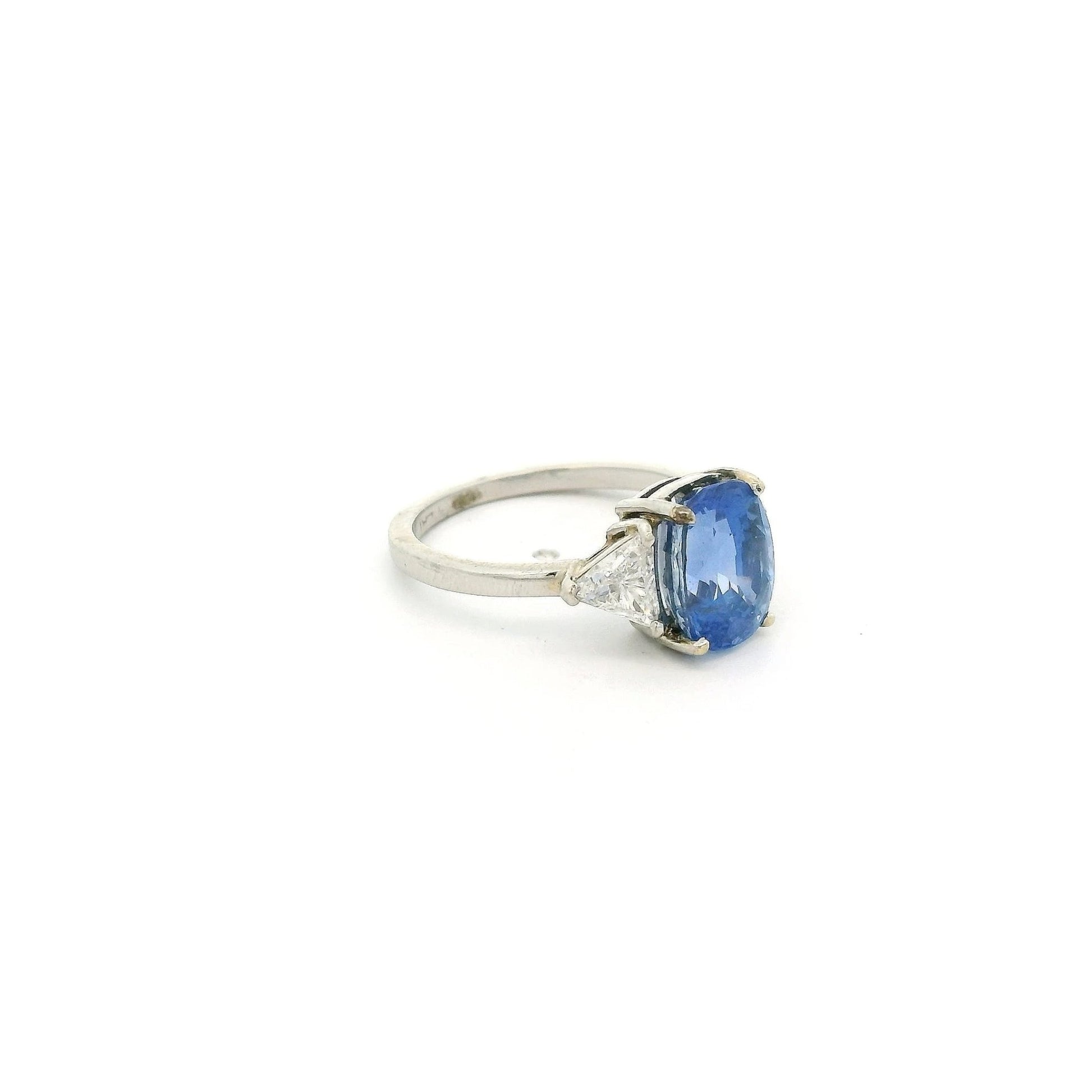 Certified Non Heat Treated Oval Ceylon Sapphire Ring With Two Trillion Cut Diamonds - Forever Rox Fine Jewelry