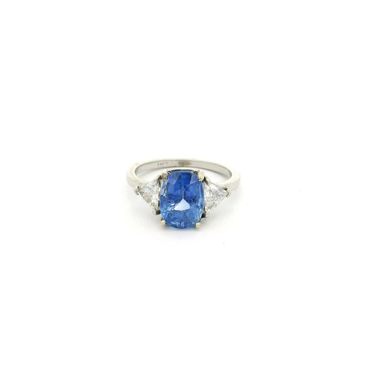 Certified Non Heat Treated Oval Ceylon Sapphire Ring With Two Trillion Cut Diamonds - Forever Rox Fine Jewelry
