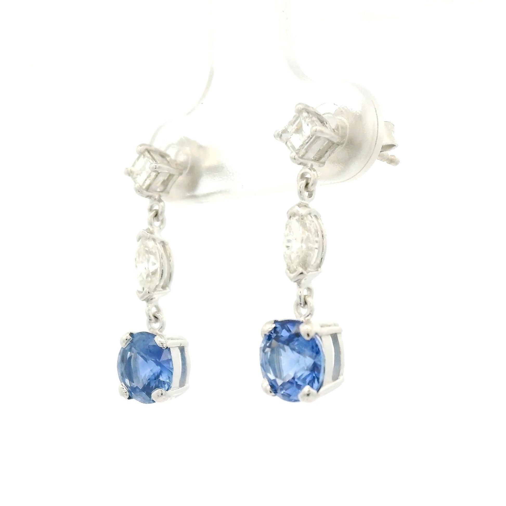 Ceylon Sapphire Dangle Earrings With Square Emerald & Marquise Cut Diamonds - Forever Rox
