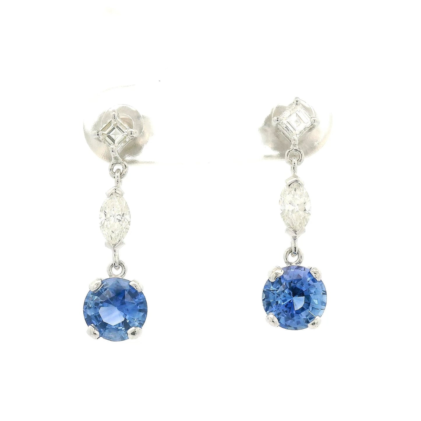 Ceylon Sapphire Dangle Earrings With Square Emerald & Marquise Cut Diamonds - Forever Rox
