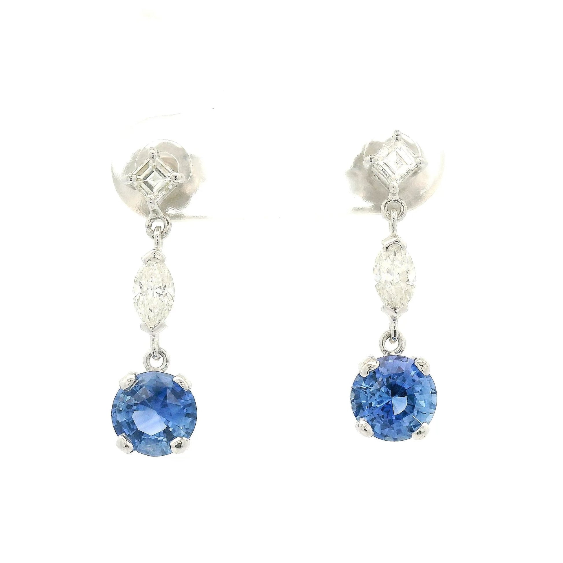 Ceylon Sapphire Dangle Earrings With Square Emerald & Marquise Cut Diamonds - Forever Rox