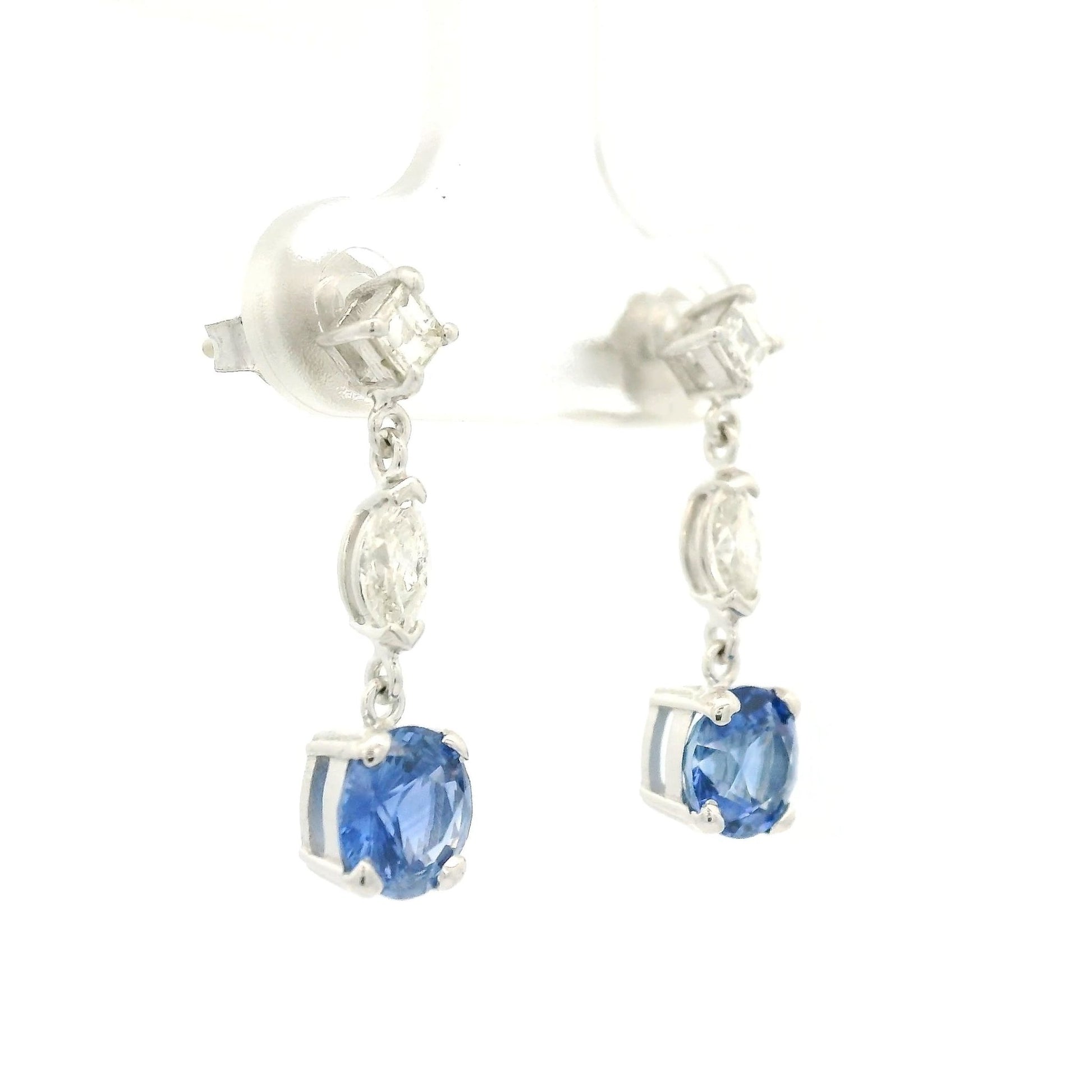 Ceylon Sapphire Dangle Earrings With Square Emerald & Marquise Cut Diamonds - Forever Rox