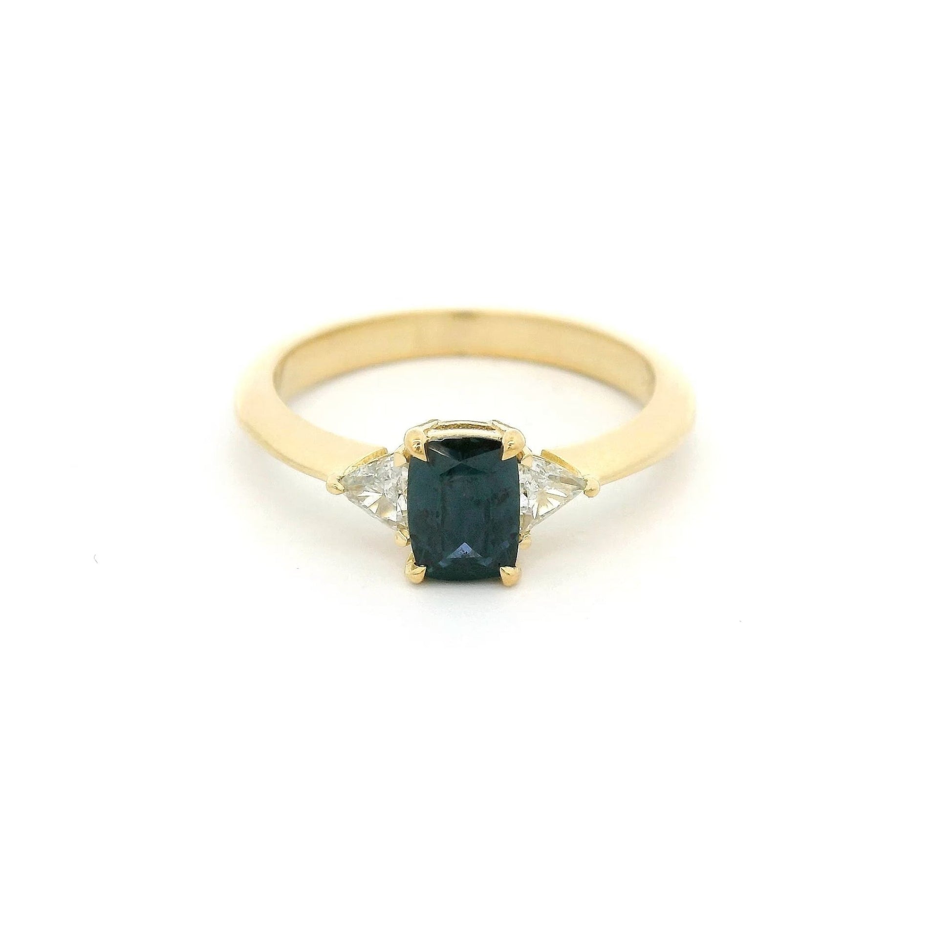 Cushion Cut Blue Montana Sapphire & Trillion Cut Diamond Ring - Forever Rox