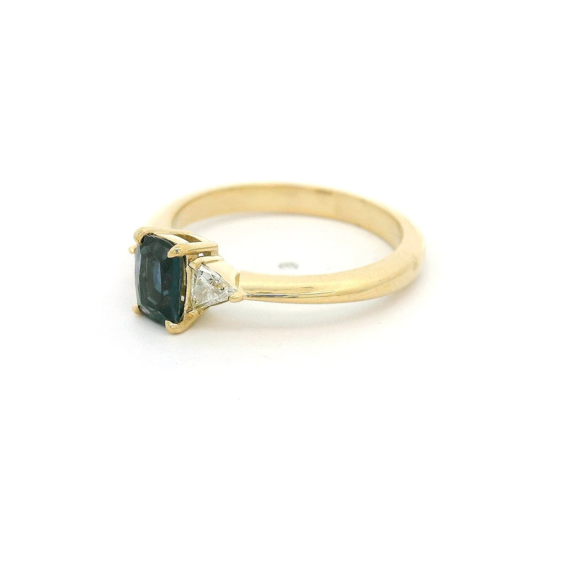 Cushion Cut Blue Montana Sapphire & Trillion Cut Diamond Ring - Forever Rox