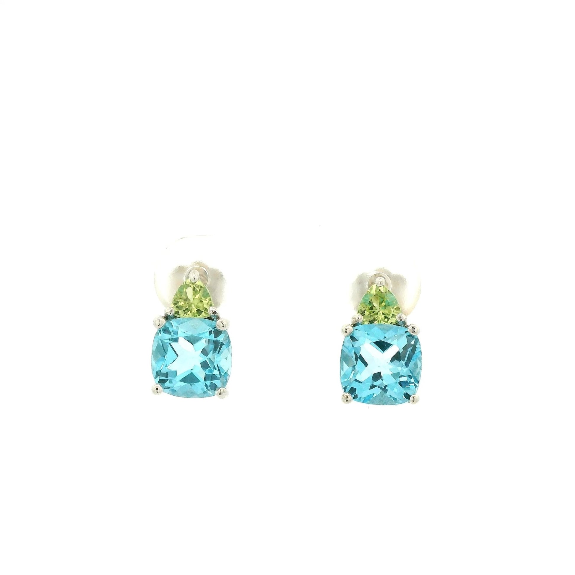 Cushion Cut Blue Topaz & Triangle Cut Peridot Studs - Forever Rox Fine Jewelry