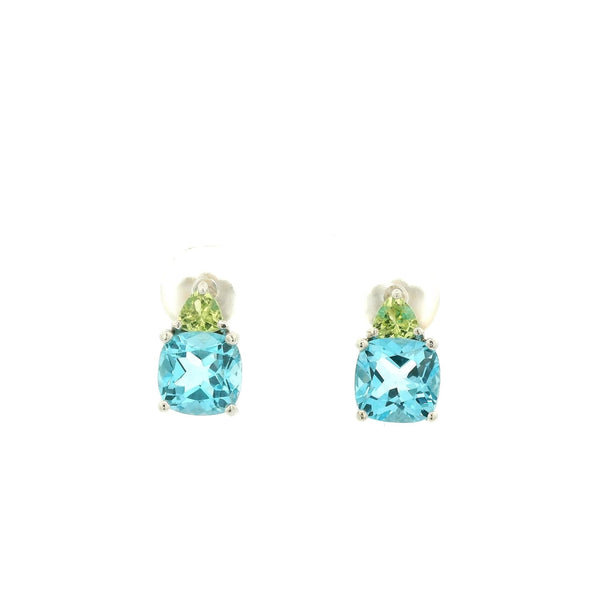 Cushion Cut Blue Topaz & Triangle Cut Peridot Studs - Forever Rox Fine Jewelry