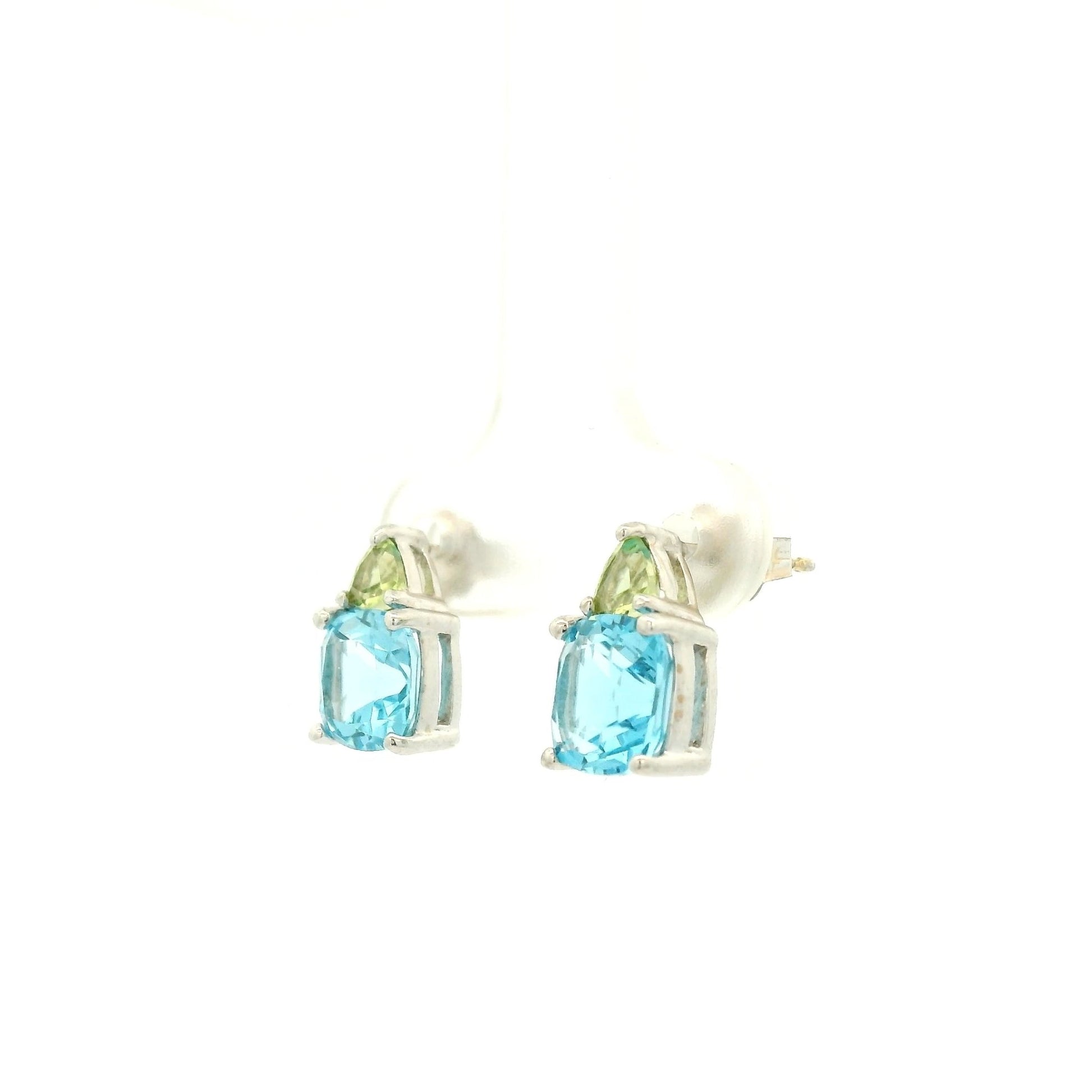 Cushion Cut Blue Topaz & Triangle Cut Peridot Studs - Forever Rox Fine Jewelry