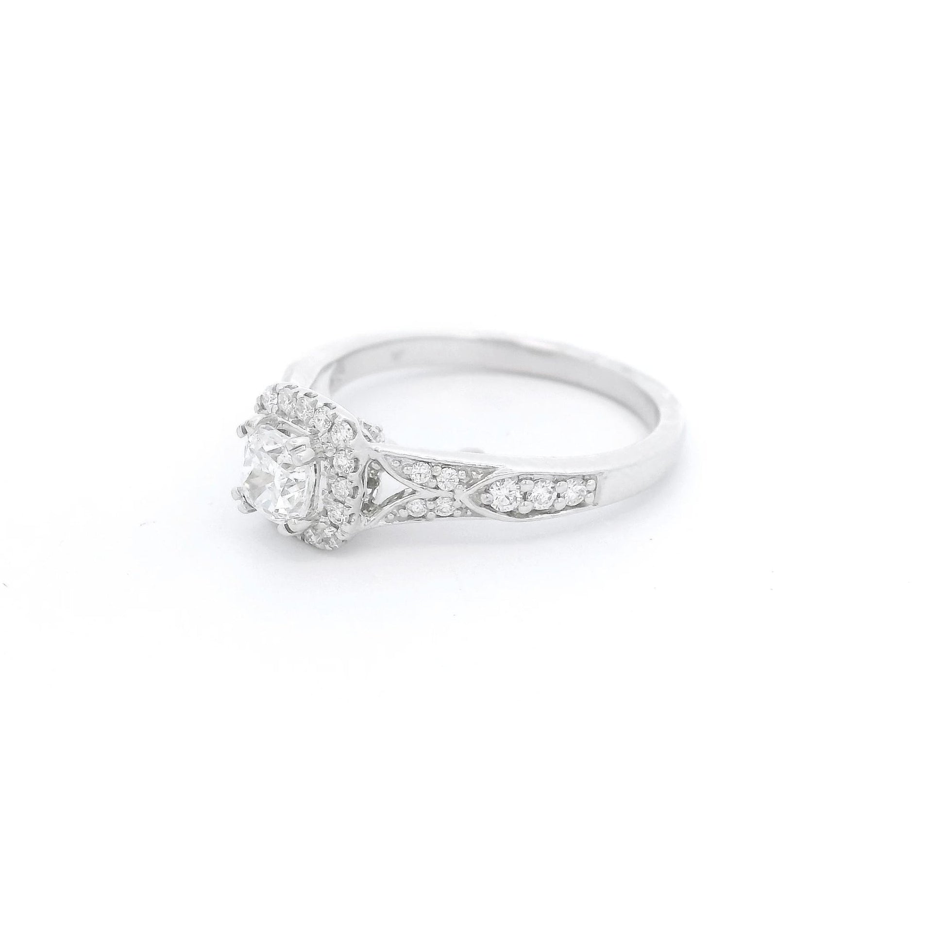 Cushion Cut Bridal Ring With Diamond Halo & Diamonds Down Shank - Forever Rox Fine Jewelry
