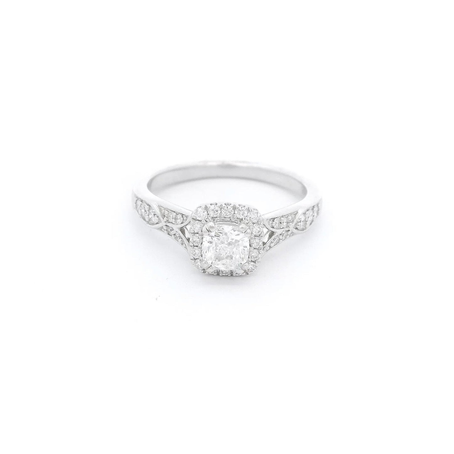 Cushion Cut Bridal Ring With Diamond Halo & Diamonds Down Shank - Forever Rox Fine Jewelry